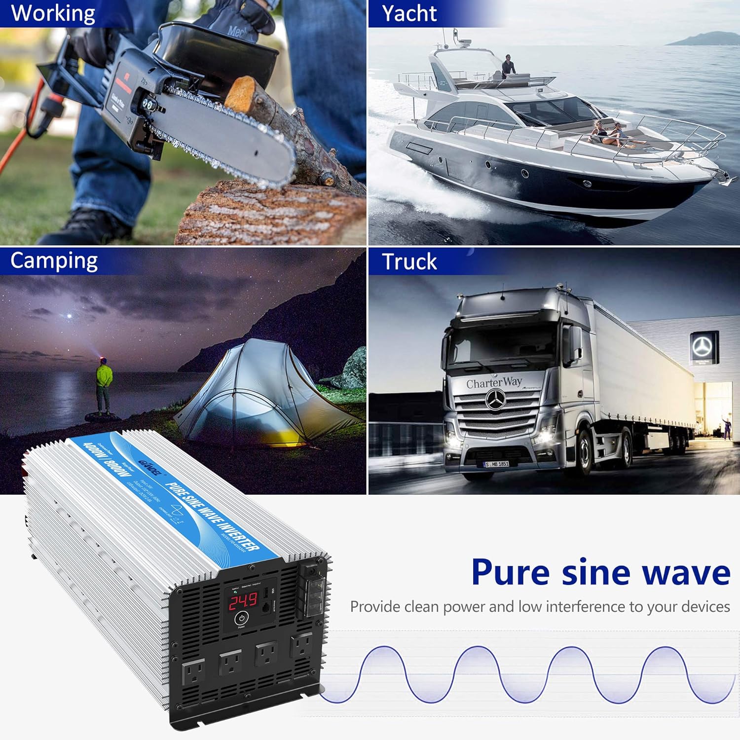GIANDEL 4000W 24 Volt Heavy Duty Pure Sine Wave Power Inverter DC24V to AC120V with 4 AC Outlets with Remote Control 2.4A USB and LED Display