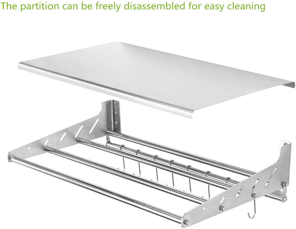 Stainless Stell Wall Mount Shelf with Hooks 304 Bathroom Kitchen Commercial Shelf Rack Restaurant Bar Multifunctional Storage Shelf (13.78, 31.5)