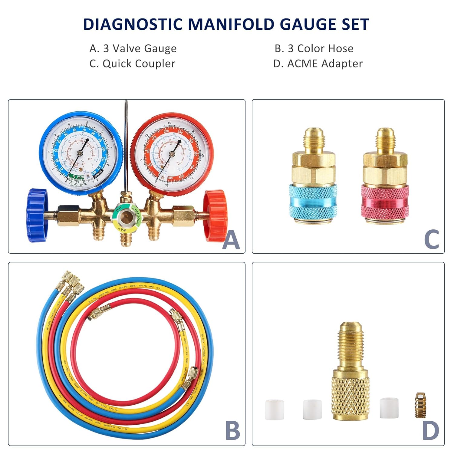 5FT AC Diagnostic Manifold Freon Gauge Set Fits for R134A R12, R22, R502, with Couplers, Adapter for Car A/C System Automotive Air Conditioning Maintenance