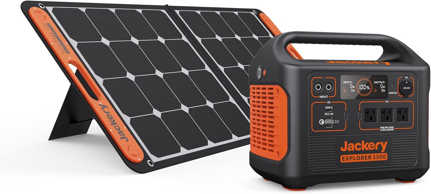 Jackery Solar Generator 1500, Explorer 1500 and 1 xSolarSaga 100W Solar Panel with 3x110V/1800W AC Outlets, Solar Power Generator with Lithium Battery Pack for Outdoor RV/Van Camping, Overlanding