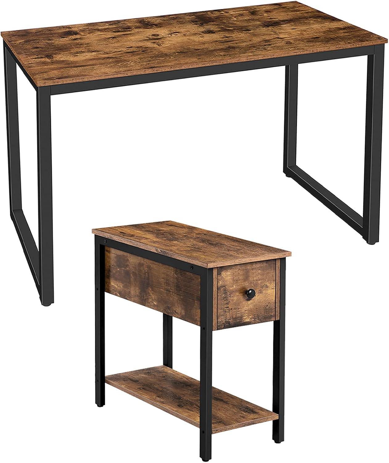 HOOBRO Computer Desk and Side Table Bundle, Home Office Writing Desk with Metal Frame, End Table with Drawer and Open Storage Shelf, Wood Look Accent Table BF58DN-04BZ01