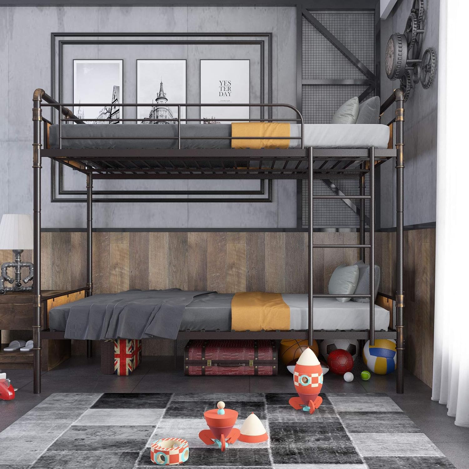 mecor Detachable Vintage Metal and Wood Twin Over Twin Bunk Bed - Safety Guard Rail - for Boys, Girls, Kids, Teens - Industrial Water Pipe Design - Black/Rustic Brown