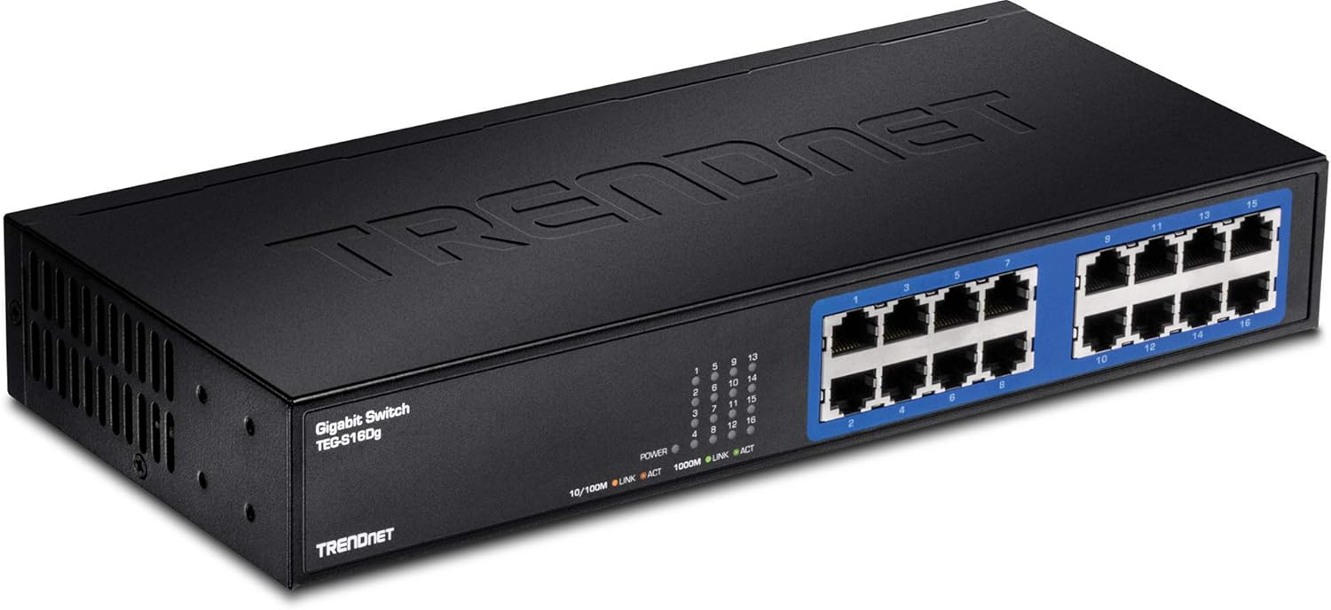 TRENDnet - TEG-S16DG 16-Port Unmanaged Gigabit GREENnet Desktop Metal Switch, TEG-S16DG, Ethernet Splitter, Ethernet/Network Switch, 16 x 10/100/1000 RJ-45 Ports, 32 Gbps Forwarding Capacity, Lifetime Protection Black Pack of 2