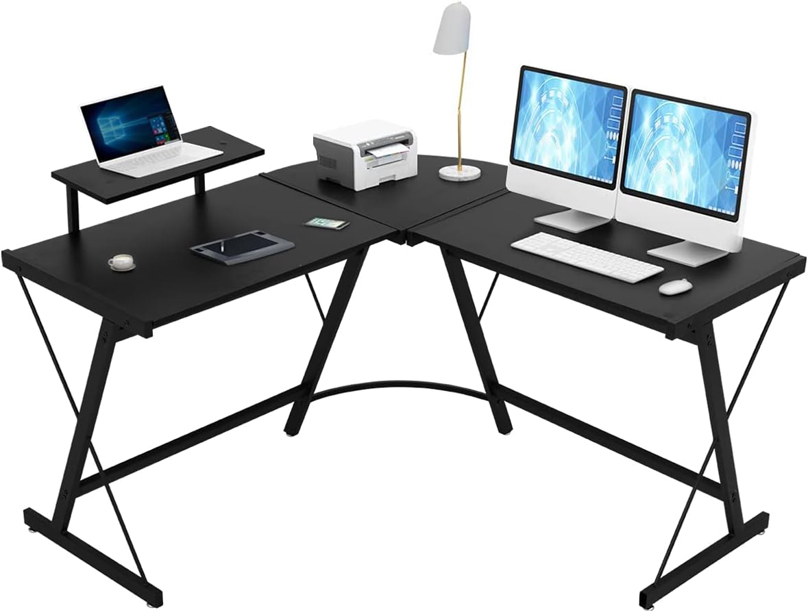 51inchs Computer Desk Gaming Desk L Shaped Desk Home Office Gaming Writing Workstation Space Saving Easy to Assemble with Large Monitor Stand for Home Office （Black）