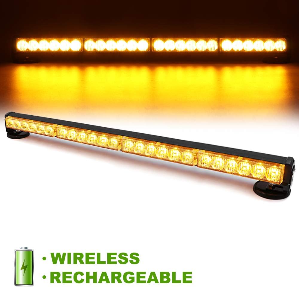 FOXCID 24 LED Emergency Hazard Warning Strobe Flashing Light Bar Wireless Battery W/ Magnetic Base and Rechargeable Plug for Beacon Rooftop Safety Vehicles Tow Trucks Tractor Snowplow