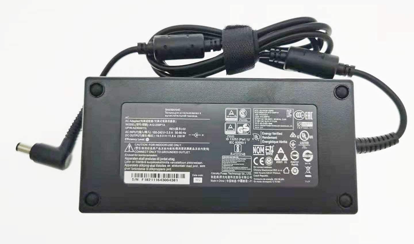 New 19.5V 11.8A 230W 7.4 x 5.0mm Charger Compatible with Chicony A12-230P1A AC Adapter for MSI GT72S G752VY GE63VR ADP-230EB T A230A006L A230A011L Adapter Power Cord Pack of 2
