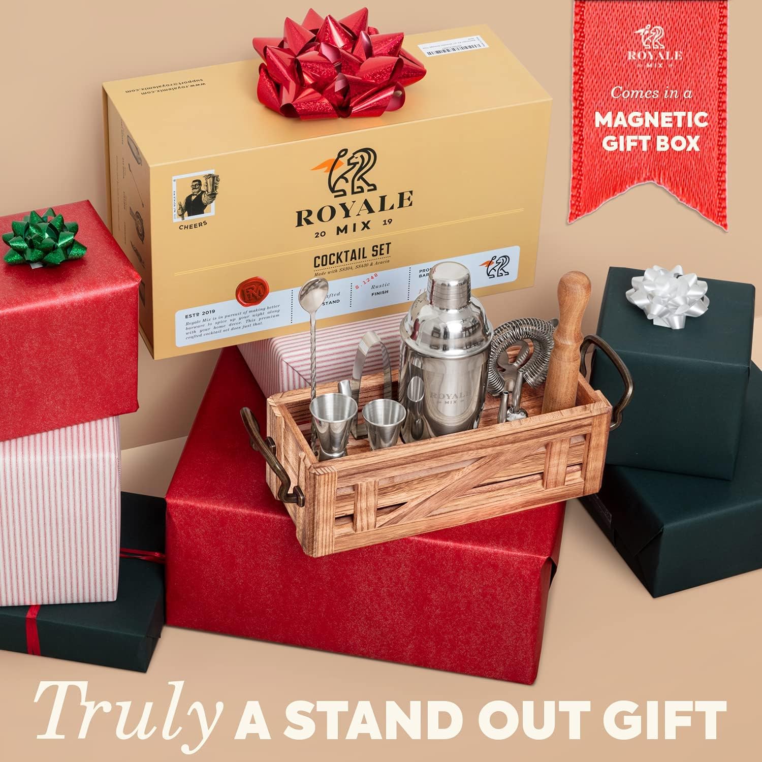 Mixology Bartender Kit with Wooden Stand - Great Housewarming Gift - 12 Piece Bar Tools Set with Cocktail Kit Cards - Premium Bartending Kit for a Fun Bar Set - Stainless Steel Cocktail Shaker Set. Pack of 2