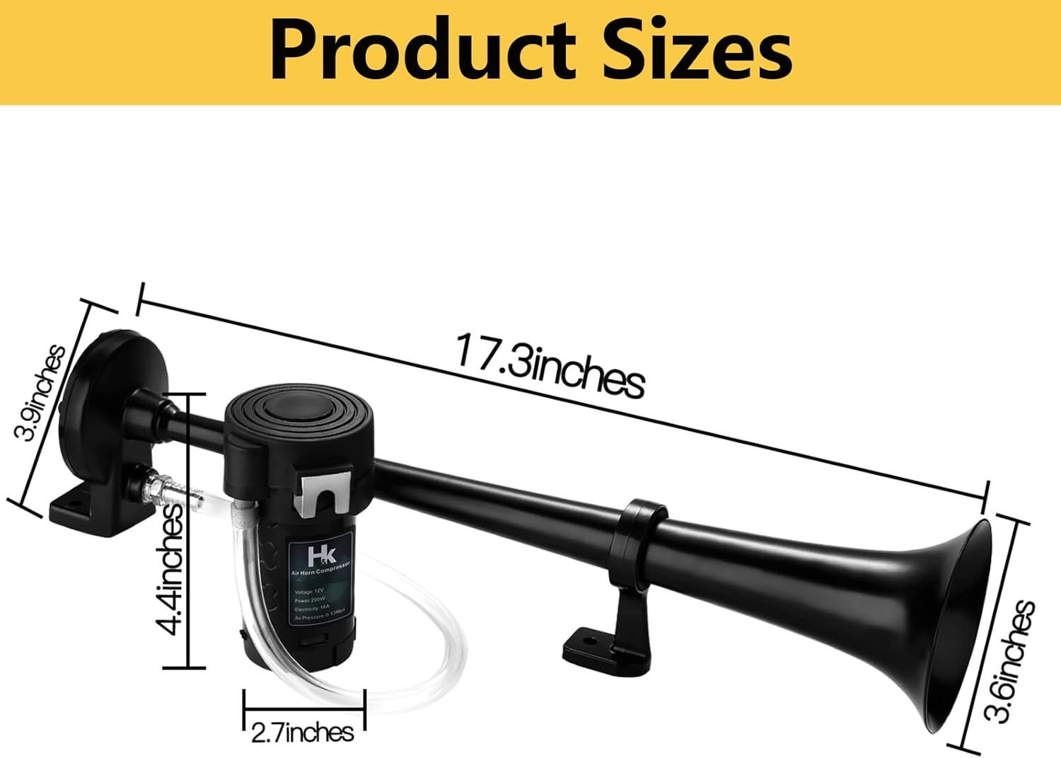 HK 12V 150db Air Train Horn Kit with Compressor Single Trumpet Air Horn Powerful Loud for Trucks Cars Boat SUV Train (Black)