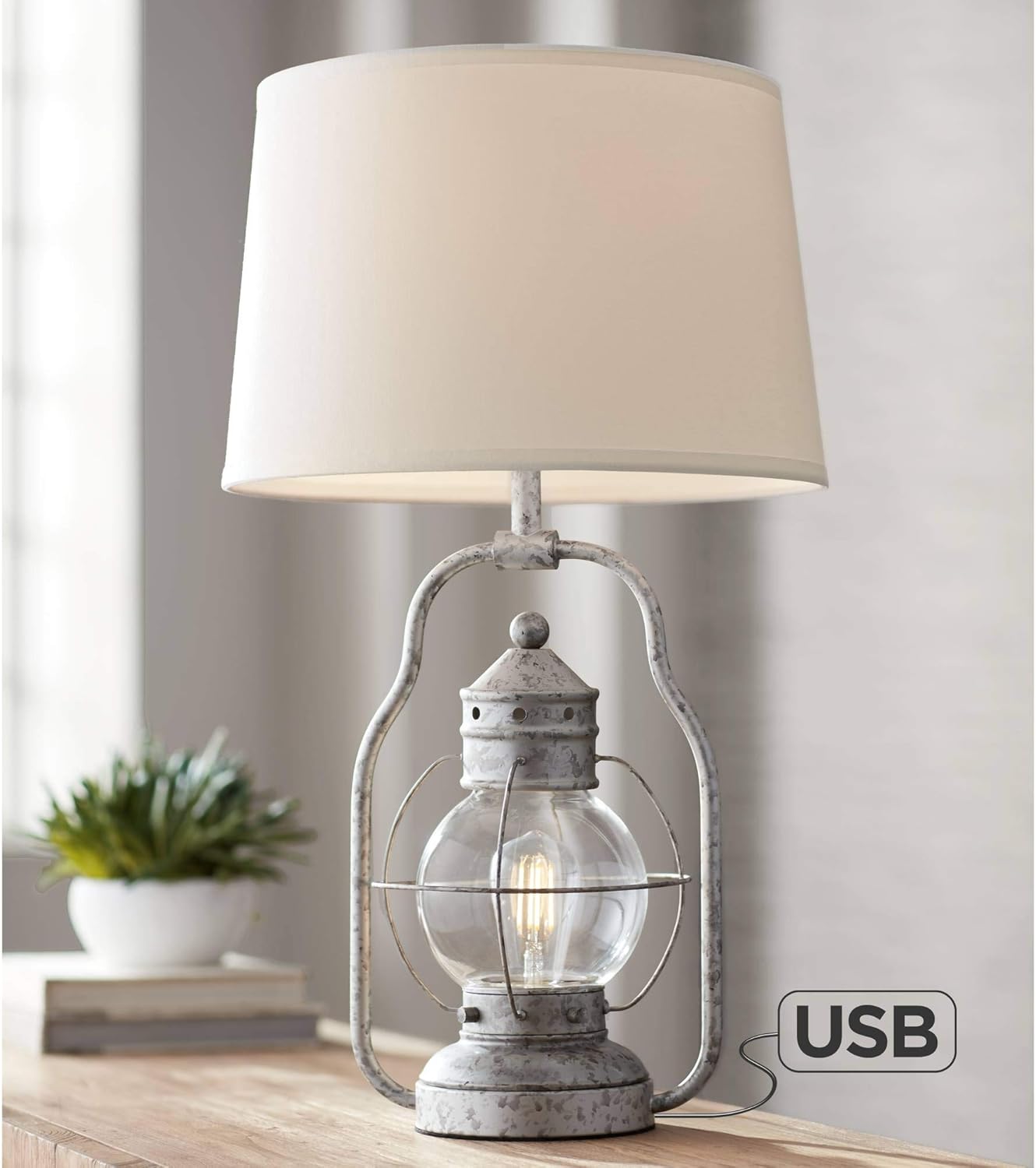 Murphy Industrial Rustic Accent Table Lamp Miner Lantern Weathered Bronze Metal Clear Glass Oatmeal Fabric Drum Shade Decor for Living Room Bedroom House Bedside Nightstand - Franklin Iron Works