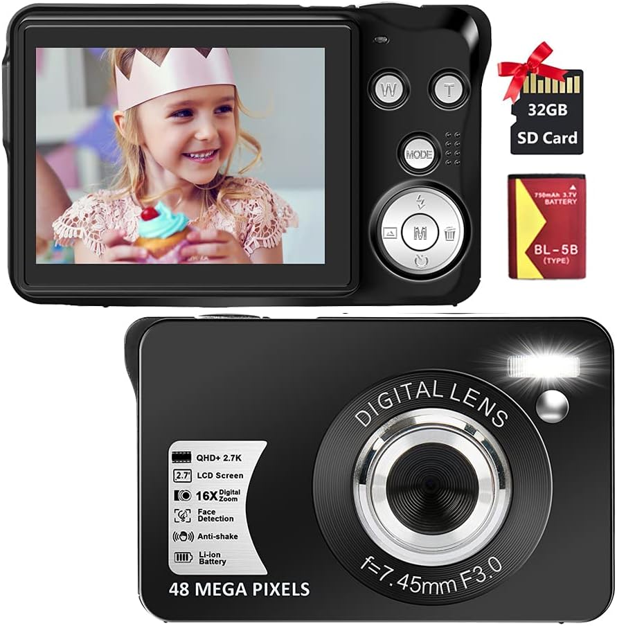 Digital Camera, 2.7K 48MP HD Camera Compact Camera Mini Portable Camera with 16X Digital Zoom and 2.7” TFT Screen Digital Camera for Kids Students Beginners (32GB SD Card & Battery Included) Pack of 2