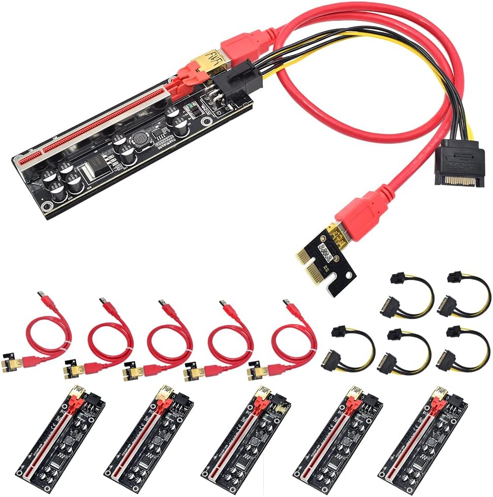 Riser Card, Pcie Riser 1X to 16X Graphics Extension for GPU Mining, USB 3.0 and 6Pin-SATA Riser for BTC ETH Mining, Ver009s Upgrade Version Ver009s Plus Riser (6-Pack) Pack of 2