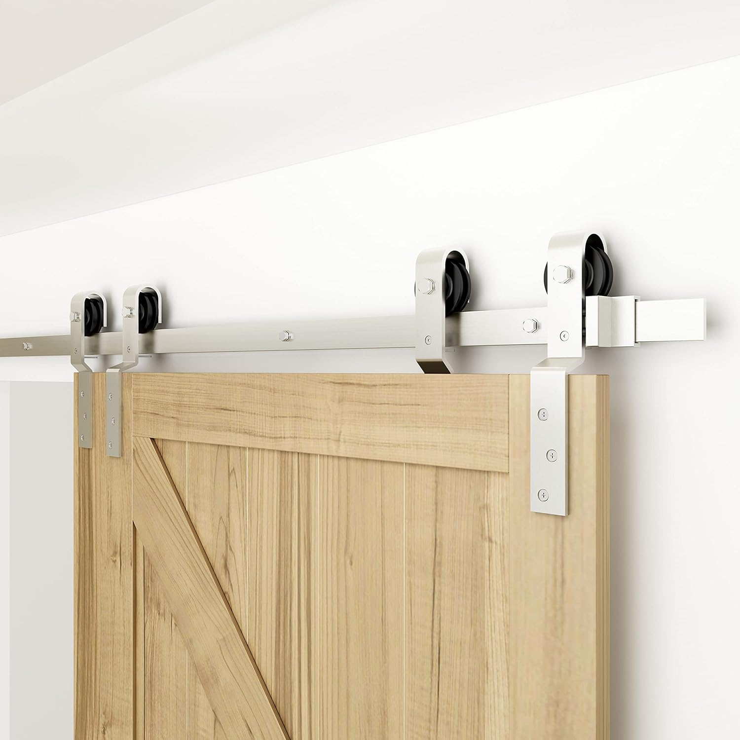 BARNSMITH 6.6FTDouble Bypass Sliding Barn Door Hardware Kit Heavy Duty Brushed Nickel Single Track for Double Doors