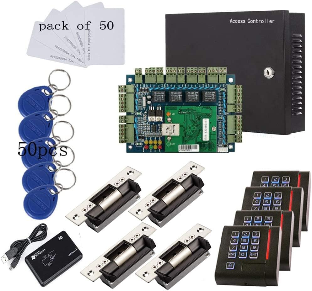ANSI Standard North American Heavy Duty Electric Strike Lock TCP/IP Based 4 Doors Access Control Systems with Four Door Wiegand Access Controller 110V-240V Power Supply Box Keypad Reader