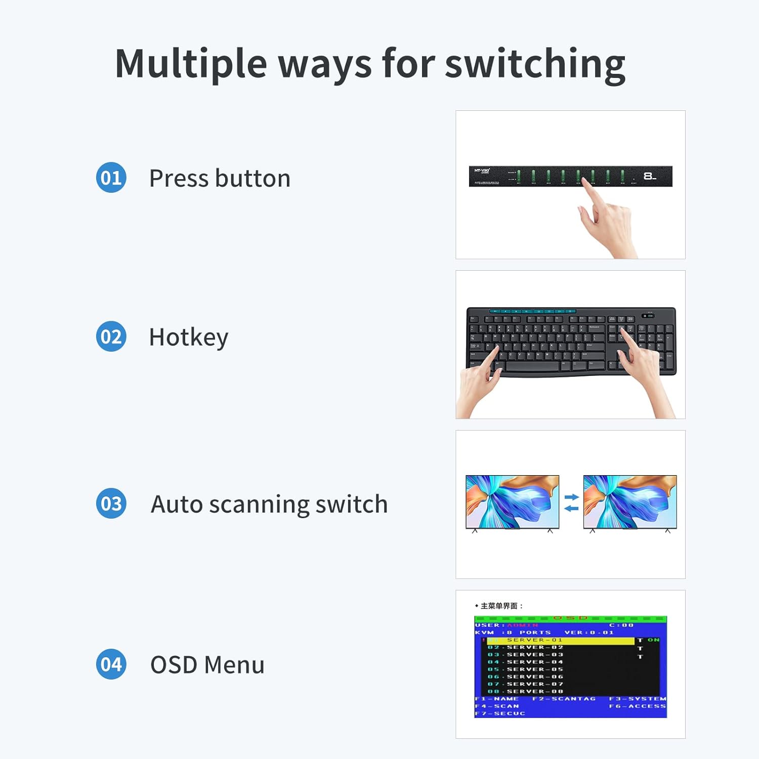 8 Port KVM Switch VGA，MT-VIKI 1U Rack Mount KVM w/Audio, Support Daisy Chain/Hotkey/OSD, Included 8 KVM Cables & 8 Audio Cables