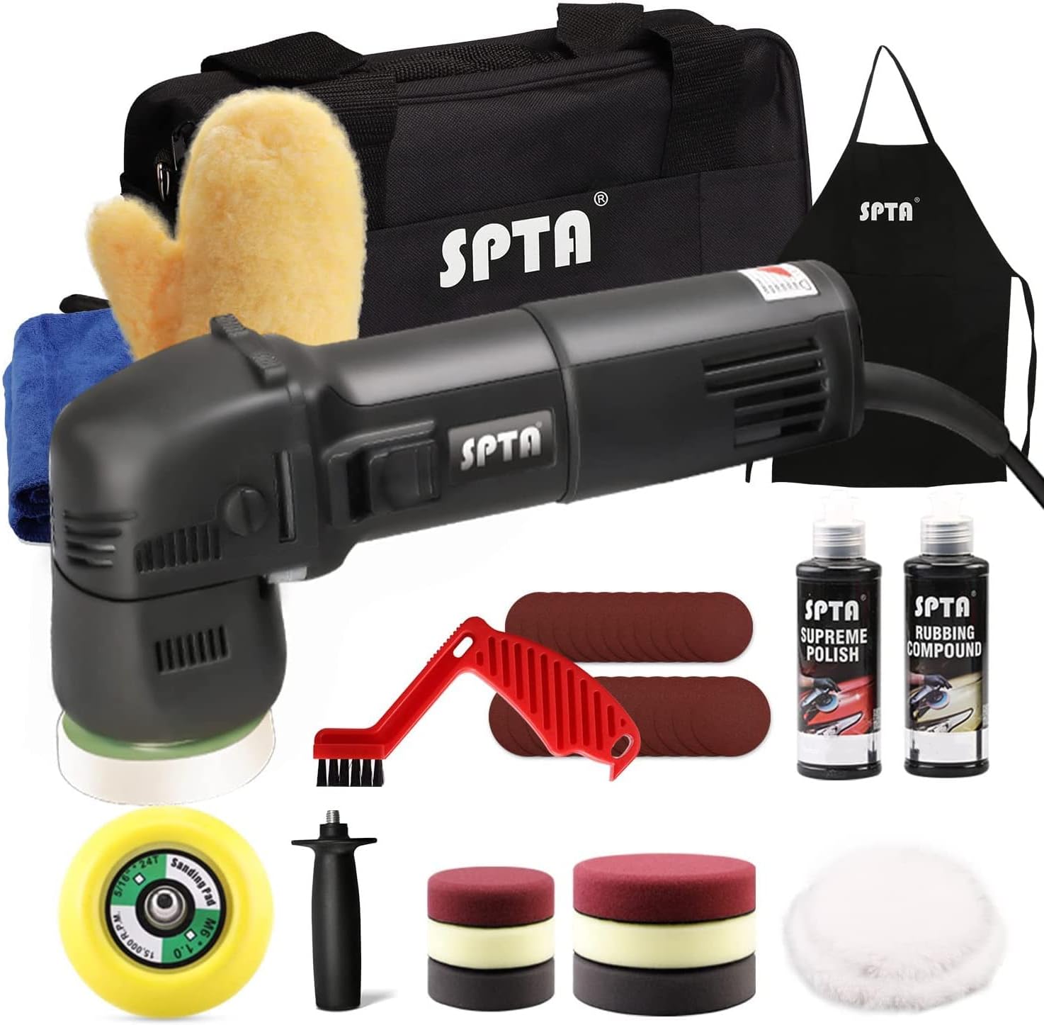SPTA Buffer Polisher, Orbital Car Polisher 3 Inch 10mm/780W Variable Speed Orbit Dual Action Polisher Auto Detailing Tools with DA Polishing Pads+Sanding Discs+Pad Conditioning Brush+Scratch Remover