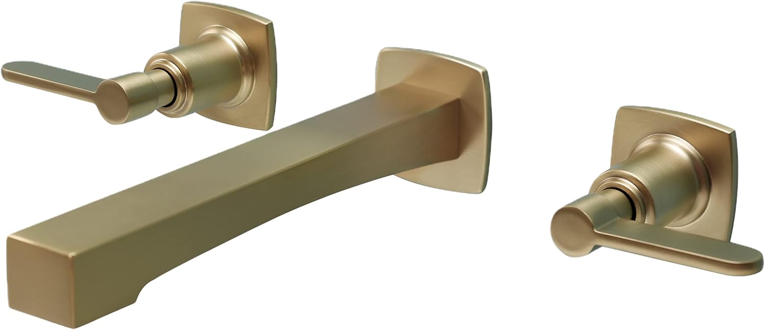 Brushed Gold Wall Mount Bathroom Faucet, Solid Brass Wall Faucet with Dual Cross Handles, 8 Inch Center Sink Faucet with 8 Inch Spout Reach, Rough in Valve Included, KOTTISAARI