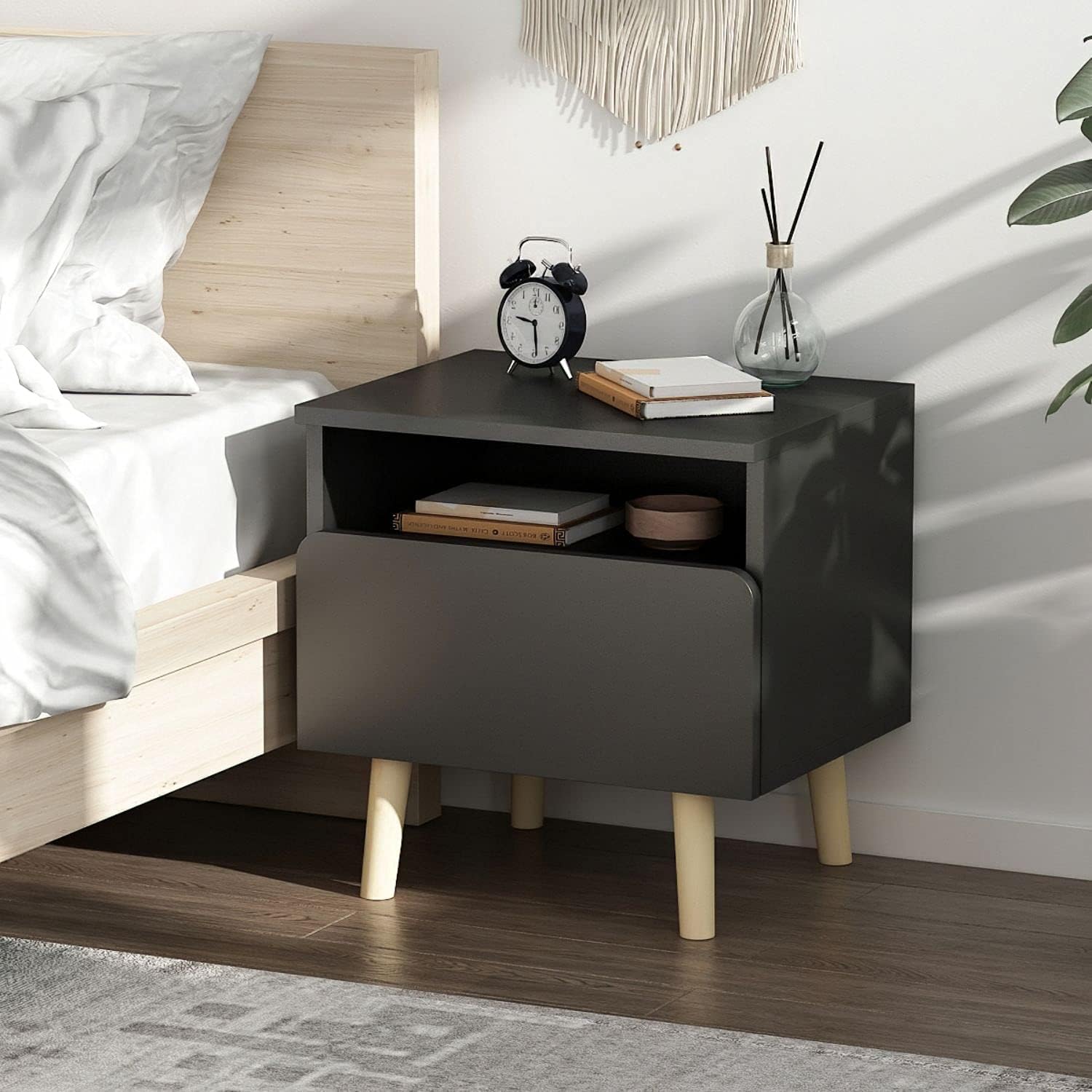 FAMAPY Nightstand with Wooden Legs for Bedroom, End Table Bedside Table with Drawer & Shelf Black (15.5&rdquo;L x 11.6&rdquo;W x 18.4&rdquo;H)