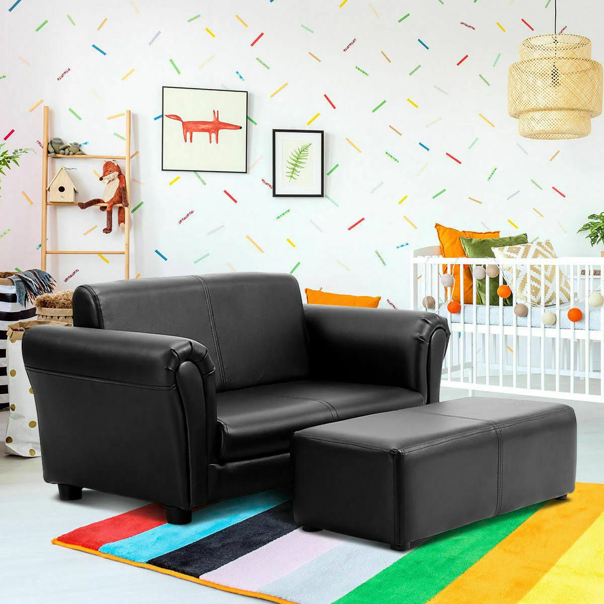 Costzon Kids Sofa Set 2 Seater Armrest Children Couch Lounge W Footstool Black