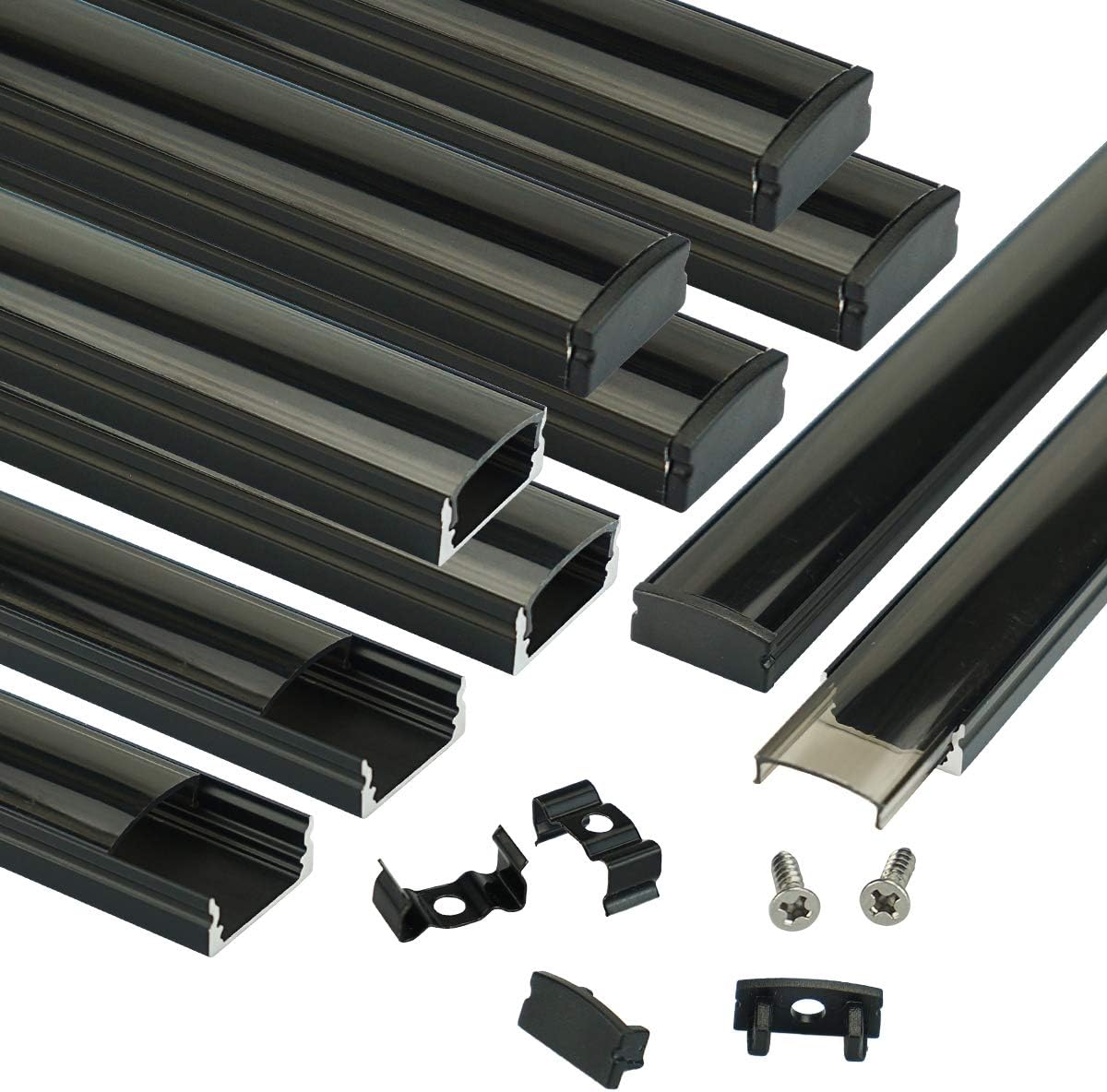 Muzata 10Pack 3.3FT/1M Black LED Channel System with Crystal Smoke Transparent Clear Cover Lens,Aluminum Track Housing Profile for Strip Tape Light, U Shape U1SW BB 1M, LU1