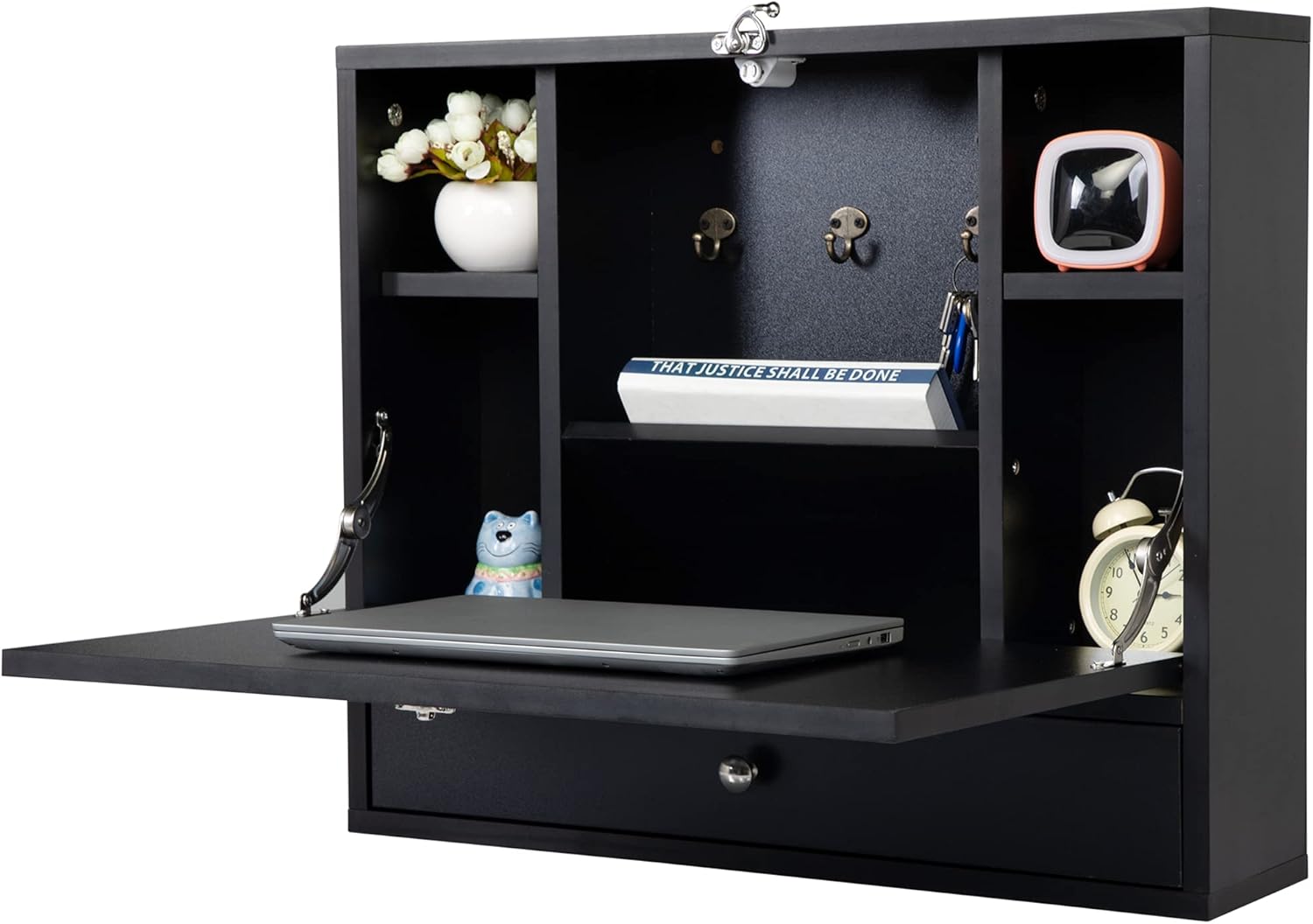 Multi-Function Folding Floating Laptop Table, Wall Mount Computer Desk, Hanging Cabinet w/Storage Shelf & Drawer for Study, Bedroom, Home Office,Black Pack of 2