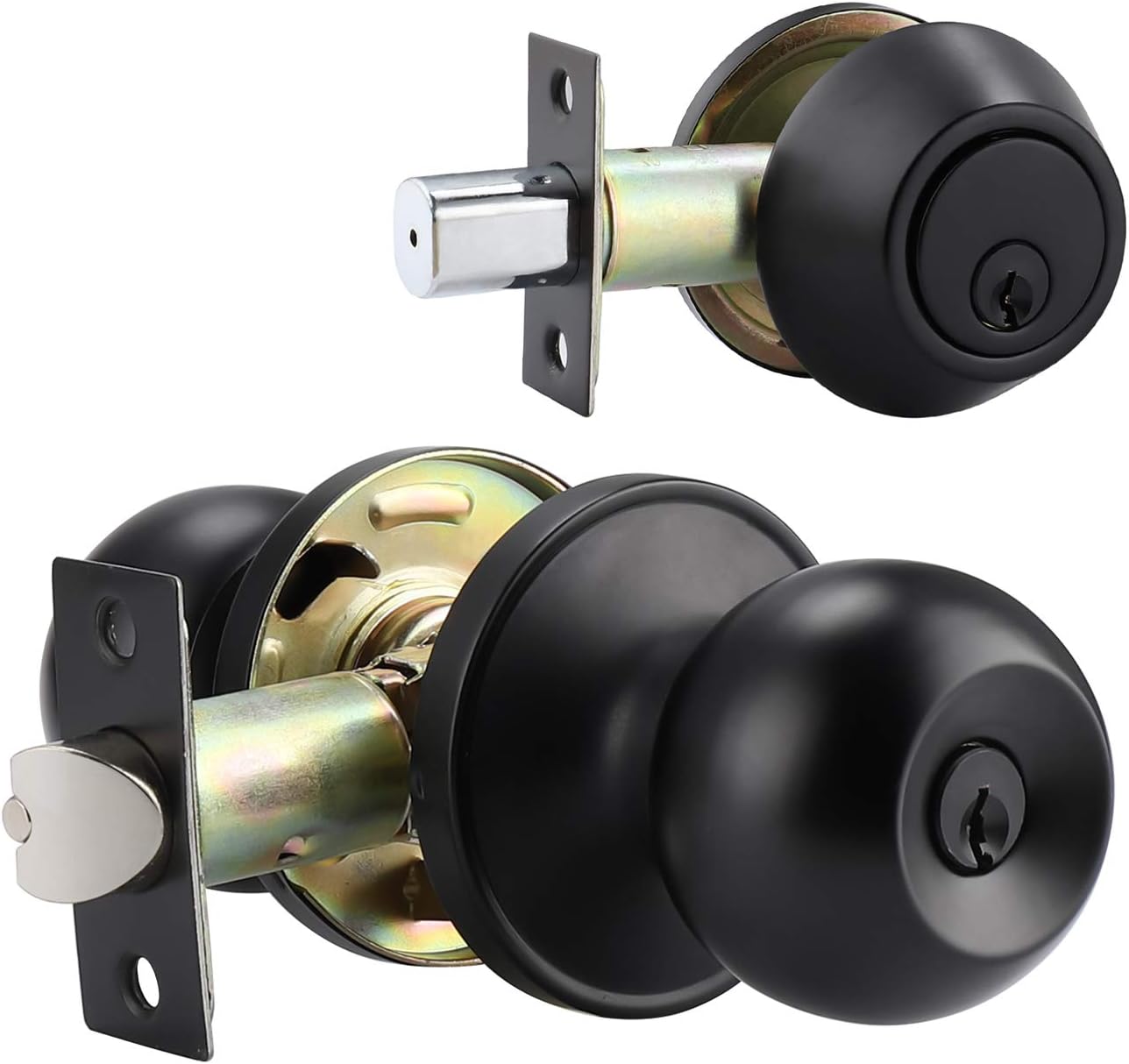 2 Pack Keyed Entry Door Knob and Single Cylinder Deadbolt Combo Pack, Keyed Alike Exterior Knob with Lock and Deadbolt for Office and Front Door, Classic Locking Door Knob, Oil Rubbed Bronze Pack of 2