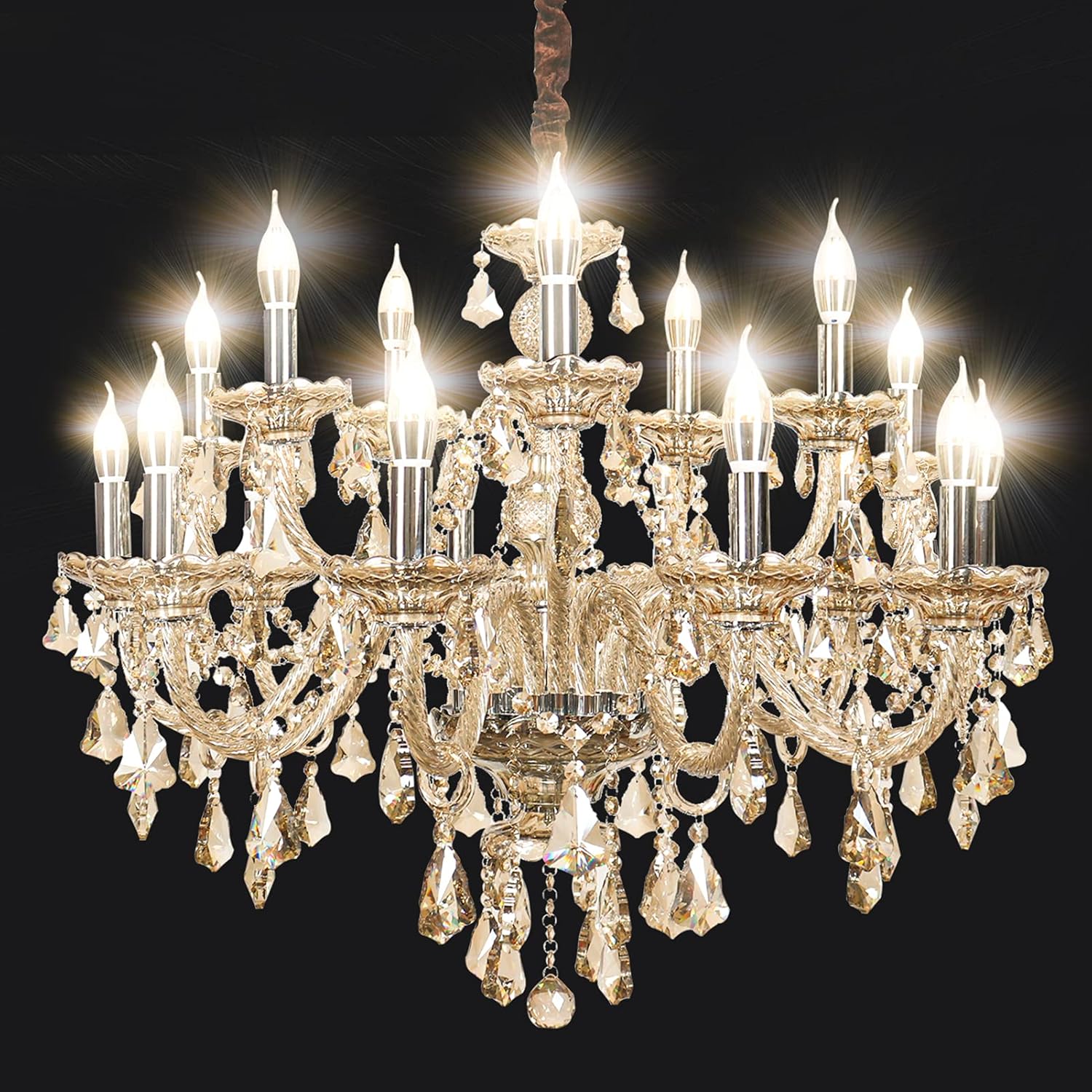 Chandelier Vintage K9 Crystal Raindrop Chandelier Ceiling Lighting Light Fixture Glass Cognac Pendant Lamp for Living Room Dining Room Bedroom Hallway Entry (15-Lights)