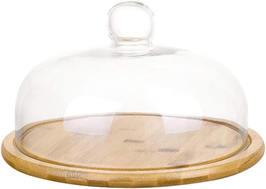 YARNOW Clear Glass Dome Cloche with Bamboo Base Tay Handle Cloche Bell Jar Cake Display Case Tabletop Centerpiece for Dessert Cheese Pastries Pack of 2