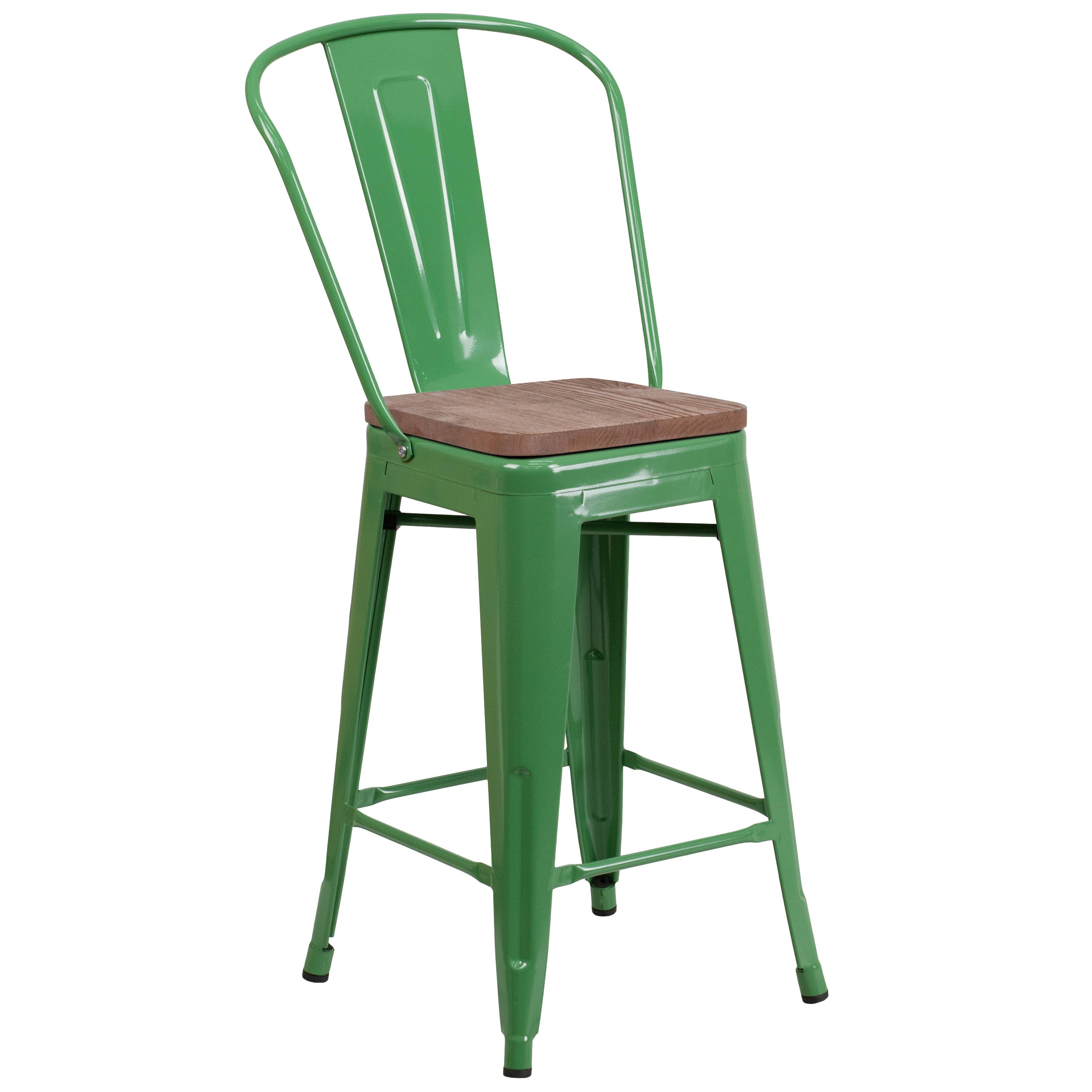 Flash Furniture 24x22 High Metal Counter Height Stool with Back and Wood SEAT, Green