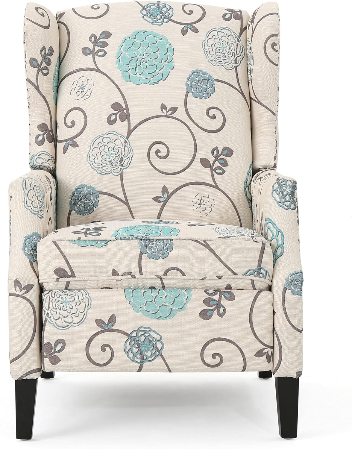 Westeros Traditional Wingback Fabric Recliner Chair (White & Blue Floral)