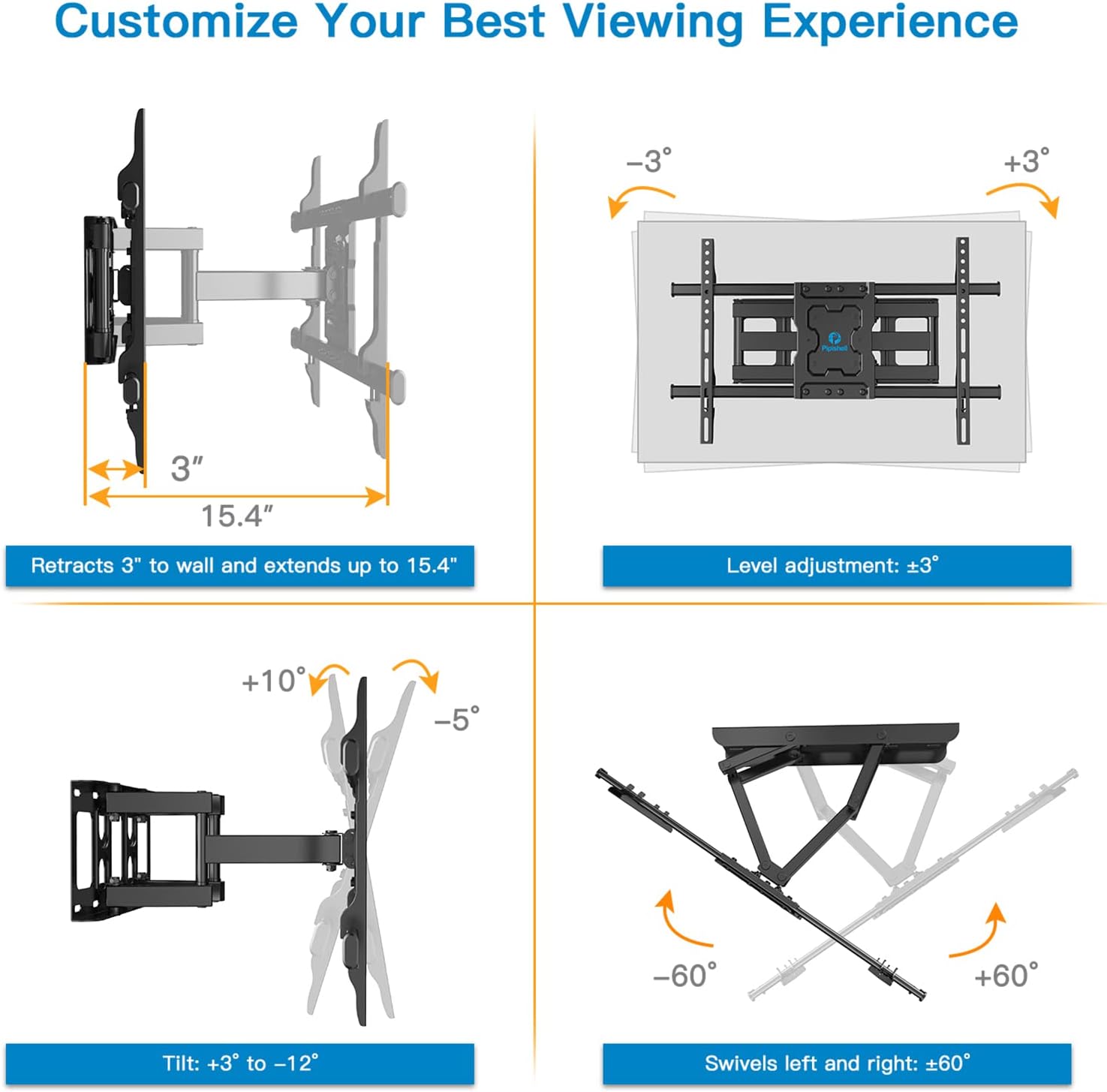 Full Motion TV Wall Mount Bracket Dual Articulating Arms Swivels Tilts Rotation for Most 37-70 Inch LED, LCD, OLED Flat Curved TVs, Holds up to 132lbs, Max VESA 600x400mm by Pipishell Pack of 2