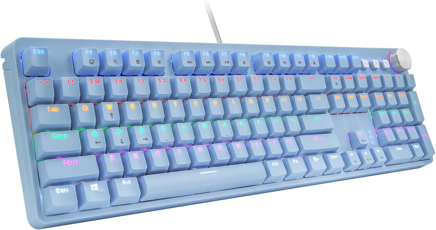 HUO JI BT-855 Mechanical Gaming Keyboard, USB Wired with Red Switches, Rainbow LED Backlit, Multimedia Keys, 108 Keys No Conflict, Blue Pack of 2