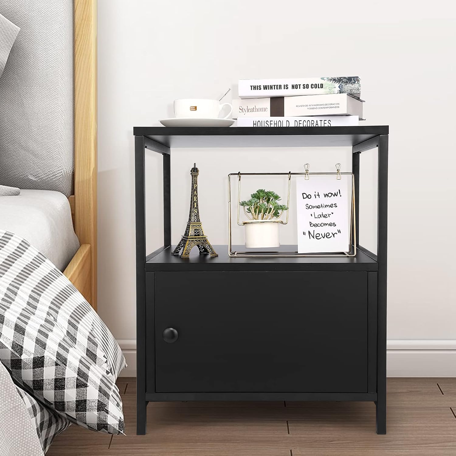 Farexon Wooden Nightstand, Industrial Modern Bedside Table with Storage Cabinet, Farmhouse Accent End Side Table with Open Shelves for Bedroom and Living Room (Black)