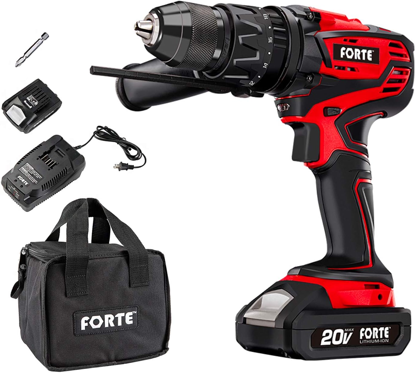 FORTE Hammer Drill Kit Cordless 20V MAX 1/2 IN. with Lithium Battery and Qucik Charger, Variable Speed Trigger & 360° Rotatable Handle, Speed Setting Knob for Wood, Steel Pack of 2