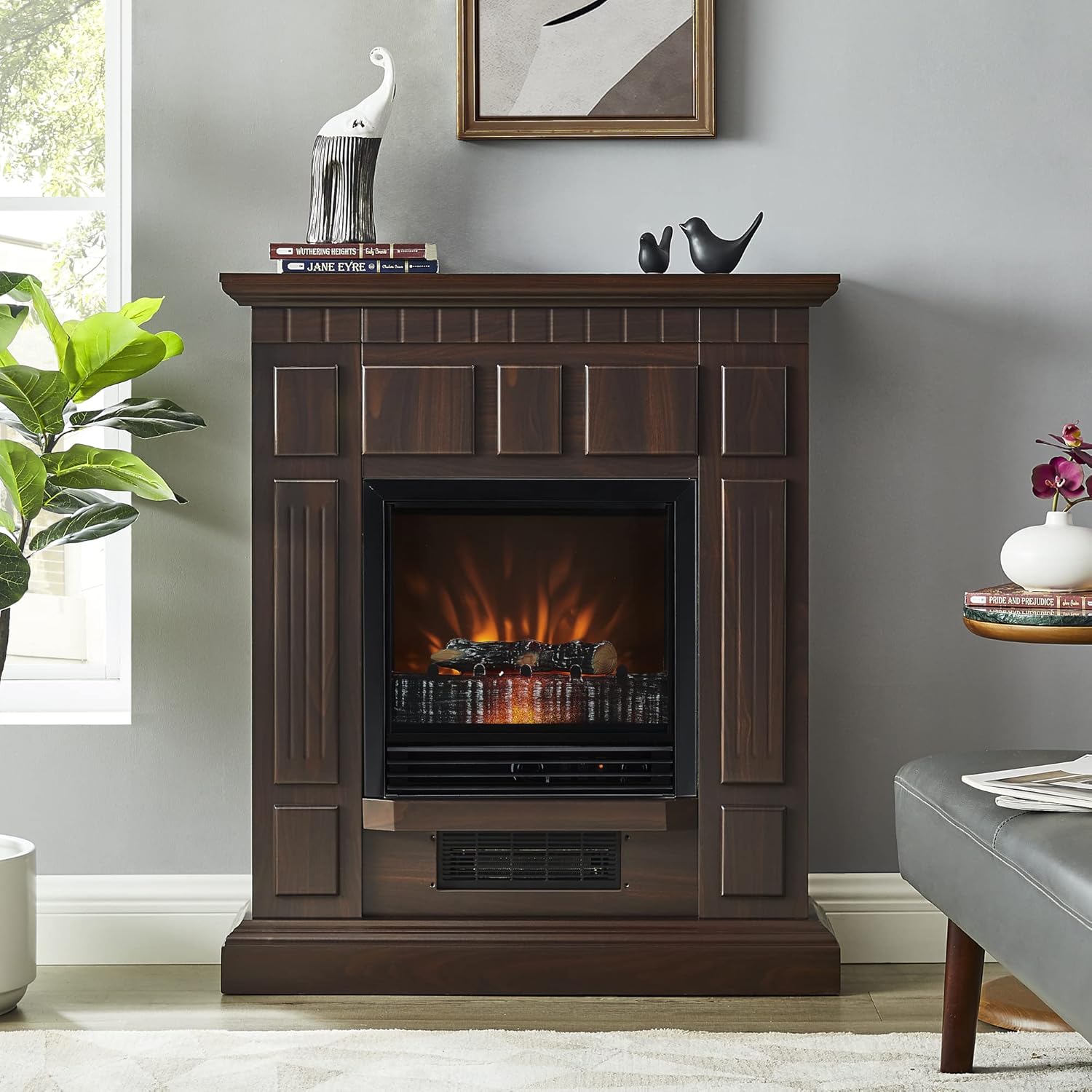 GOOD & GRACIOUS Electric Fireplace with Mantel Wooden Surround Indoor Freestanding Entertainment Center with Electric Heater Insert Adjustable Flame Firebox for Living Room Bedroom, Walnut
