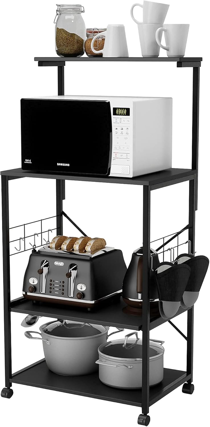 Bestier Kitchen Baker's Rack Island with Storage Shelf, Microwave Stand Rolling Cart on Wheels with Oven Mitts and 10 Side Hooks, Kitchen Organizer 4 Tier Shelves (Gray, Gray Duck Mitts)