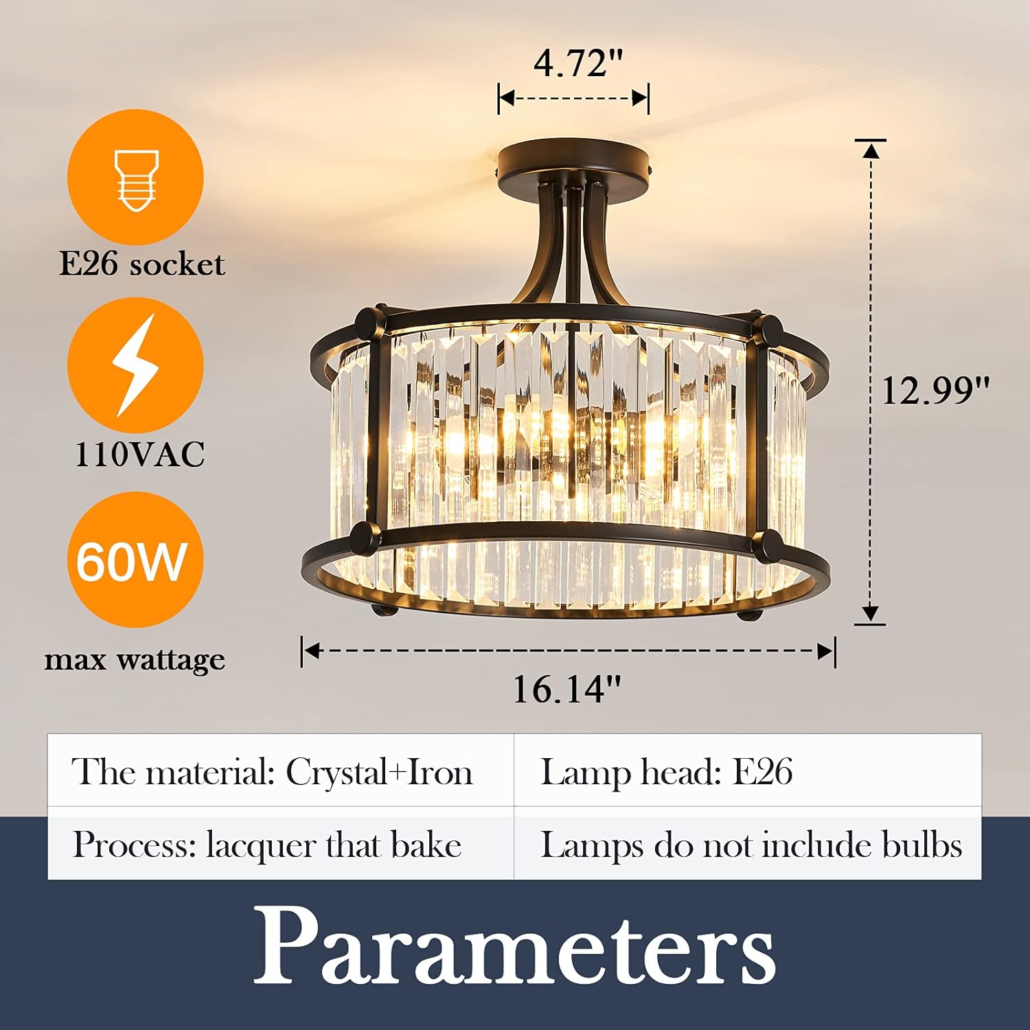 YYJLX 6-Light Black Semi Flush Mount Crystal Chandelier ，Metal Modern Ceiling Light Fixture，Lighting for Living Room Dining Room Kitchen Bedroom Foyer Hallway