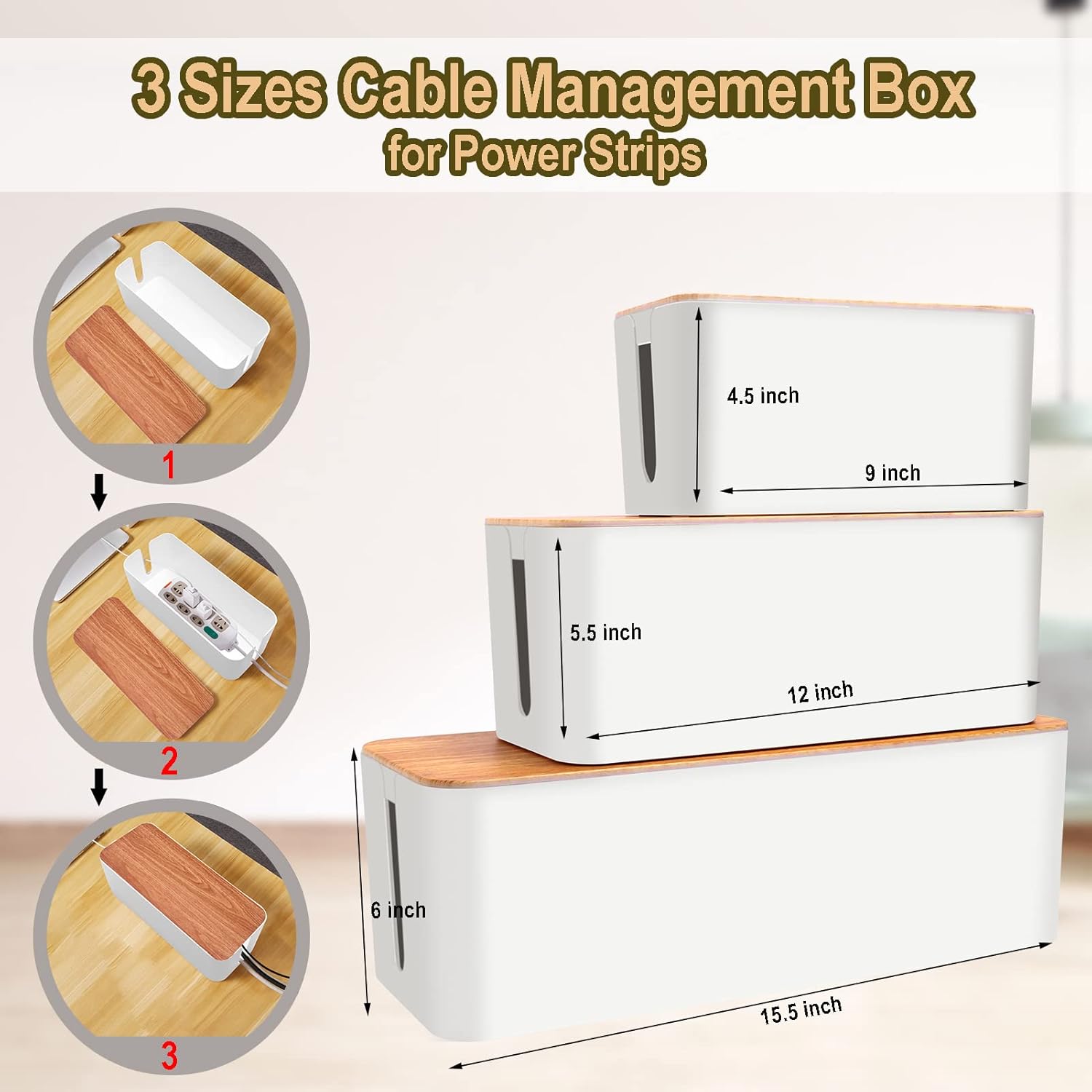 Cable Management Box 145PCS Cable Management for Power Strip with 3 Cord Organizer Boxes & 142PCS Cord Management Wire Organizer of Cable Clips&Cable Sleeve to Hide Wires & Cables for Home&Office Pack of 2