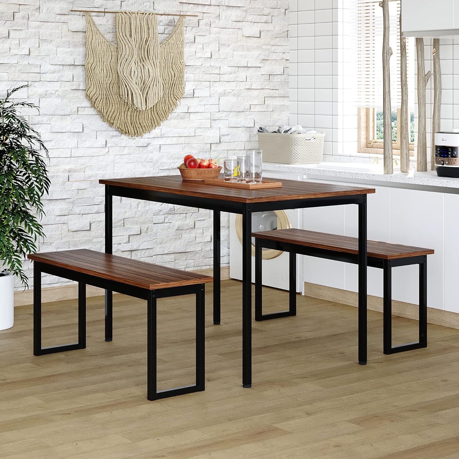 Dining Room Table Set, 3 Pieces Farmhouse Kitchen Table with 2 Benches, Metal Frame and MDF Board, Modern Furniture for Home, Cafeteria, Apartment and Farm House (Reddish Brown/Black)
