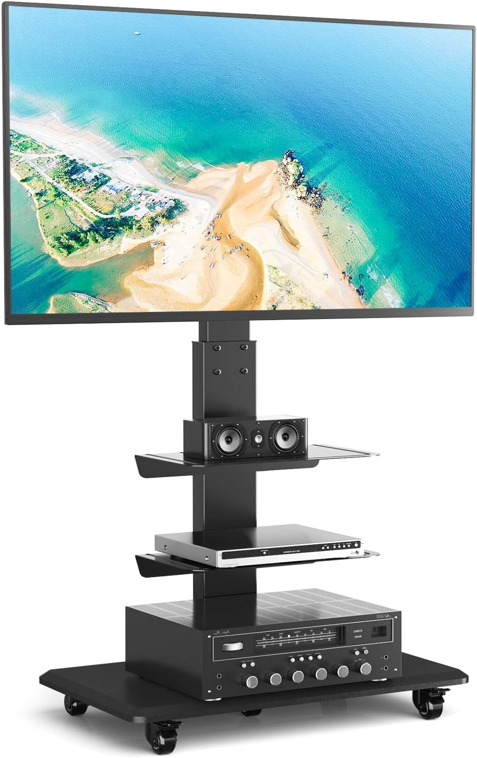 Rfiver Rolling Floor TV Stand with Swivel Mount for 32-65 Inch Flat Screen/Curved TVs,3-Shelf Heavy Duty Portable Mobile TV Cart with Wheels, Black Universal Tall TV Mount Trolley for Home and Office