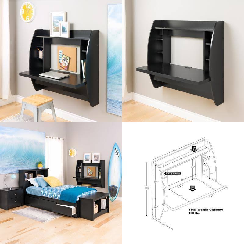 Prepac Wall Mounted Floating Desk with Storage in Black