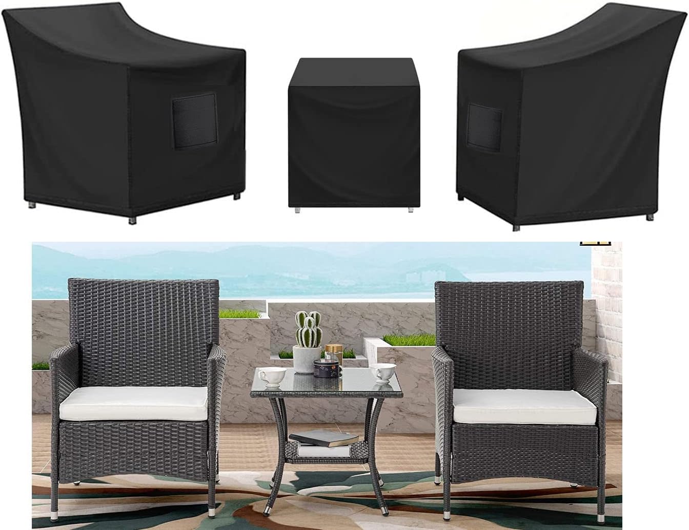 SIRUITON Patio Furniture Cover Set ,Fit for 4 Pieces Patio Outdoor Rattan, Wicker Chair Conversation Furniture Sets,Heavy Duty Durable and Water Resistant Fabric (Black)