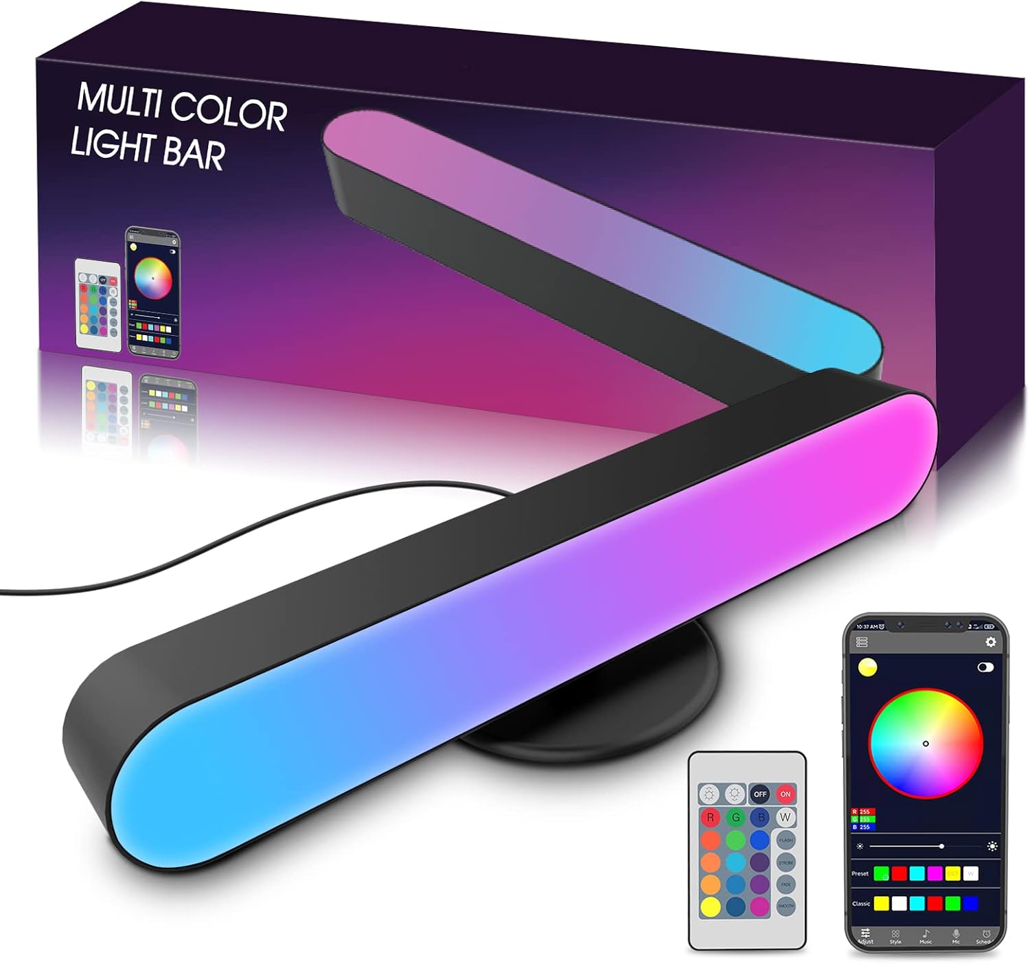 APEKX Smart RGB LED Lighting Bar Ambient Spotlight Lamp Stand, Suitable for Indoor Gaming Room Bookshelf Painting TV Stand Decoration, with Remote Control - Black