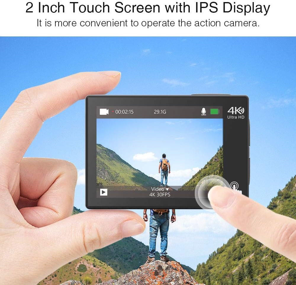 Dragon Touch 4K Action Camera Touch Screen 16MP Vision 3 Pro PC Web Camera 100 feet Waterproof Camera Adjustable View Angle WiFi Sports Camera with Remote Control and Helmet Accessories Kit Pack of 2