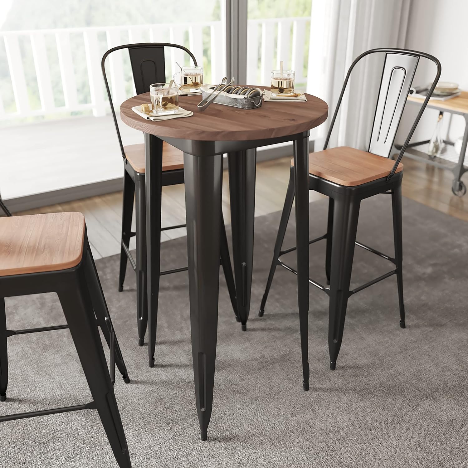 Taylor + Logan Round Metal Indoor Table with Walnut Rustic Wood Top, 24