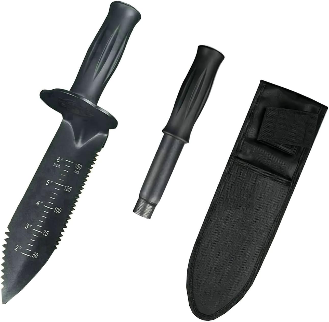 NUOSHIKE Metal Detector Digger Tool, 7.5 inch Blade, Heavy Duty Serrated Edge Digger with Extended Handle, Garden Knife with Sheath for Belt Mount (Black)