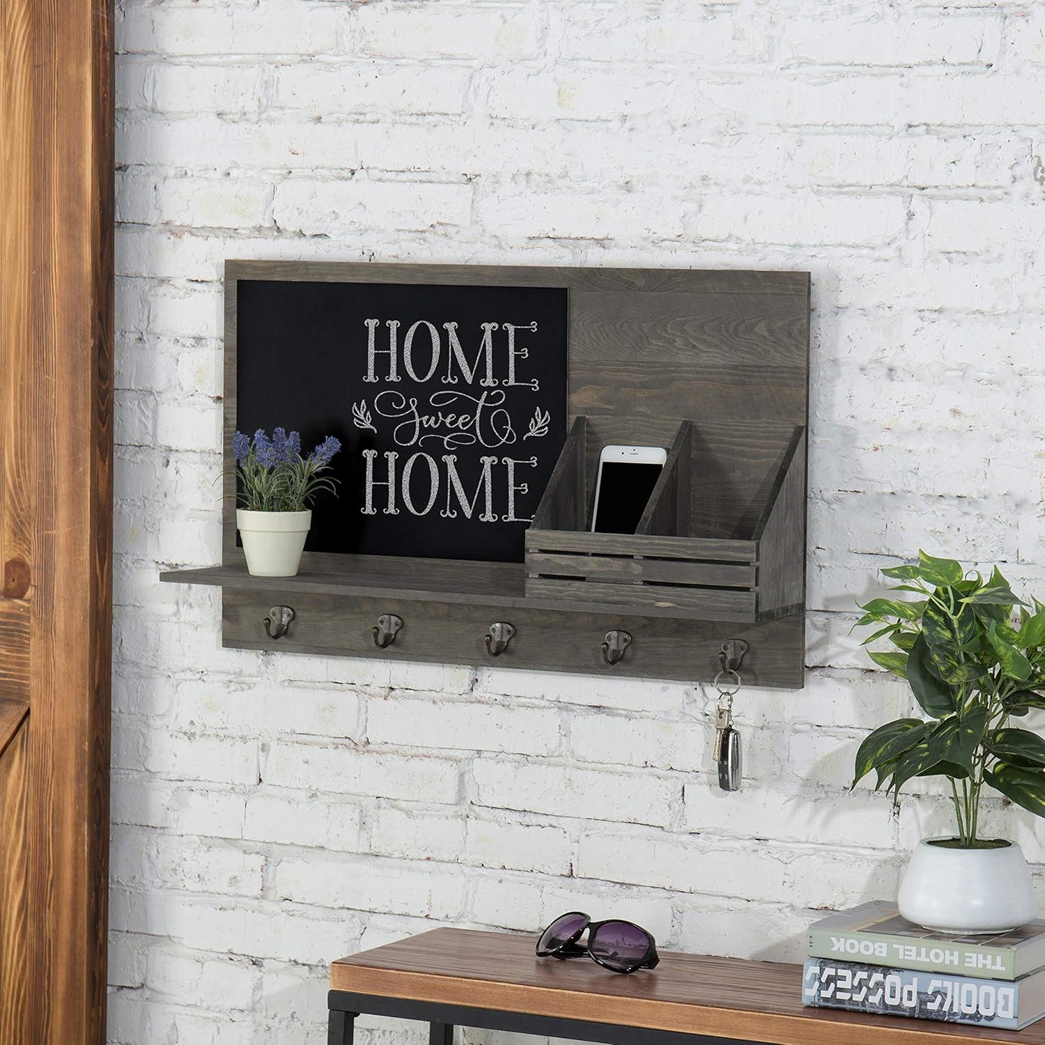 MyGift Rustic Grey Wood Wall-Mounted Mail Sorter Rack with 5 Key Hooks and Black Chalkboard