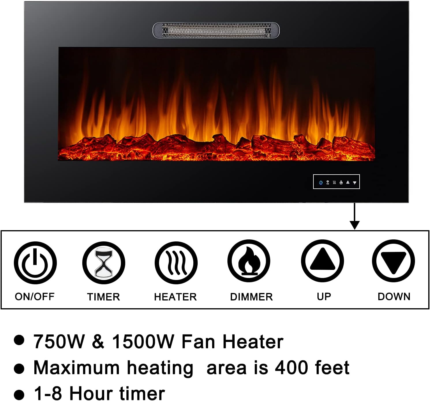 Alpaca 36 inches Home Electric Fireplace Recessed and Wall Mounted Electric Fireplace, Vent on The Top,with Timer,Touch Screen,Adjustable Multicolor Flame Color and Speed,Black