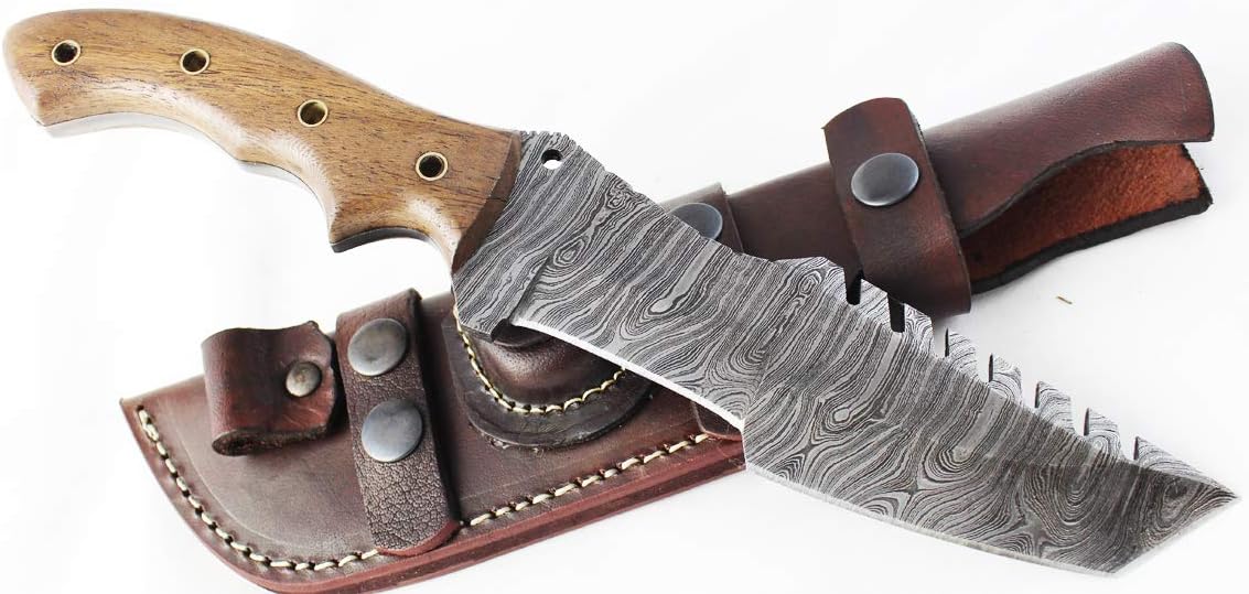 Damascus Knife - Moorhaus Handmade Tanto Tracker - Walnut Wood Handle - Includes Leather Sheath - Special Promotional Pricing