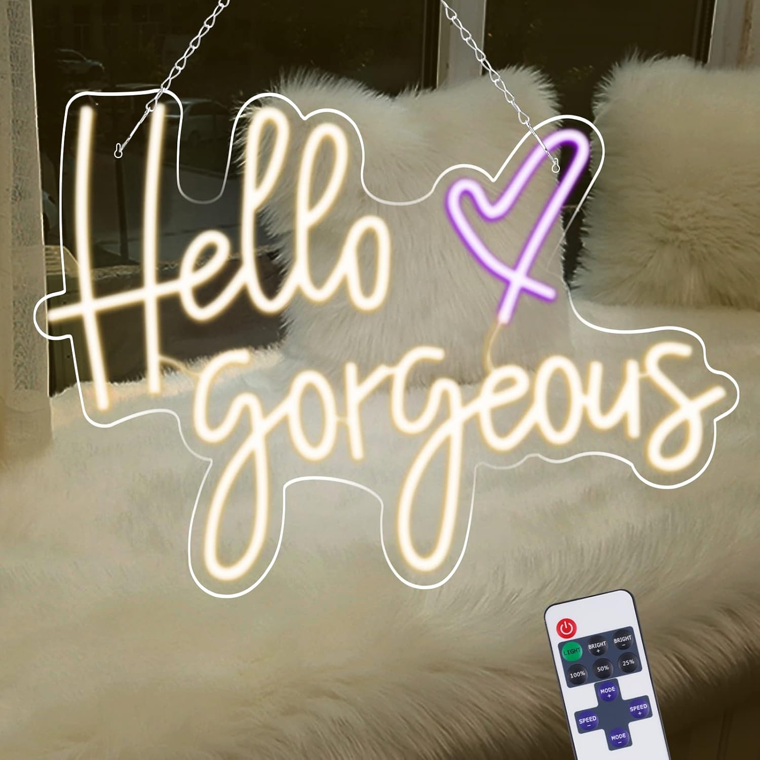 Hello Gorgeous Neon Sign for Wall Decor LED Reusable Neon Light Hello Gorgeous with Dimmer Switch Warm White Neon Light for Wedding,Party, Bedroom,Bar Decoration Size 19.6*14.1 inch Pack of 2