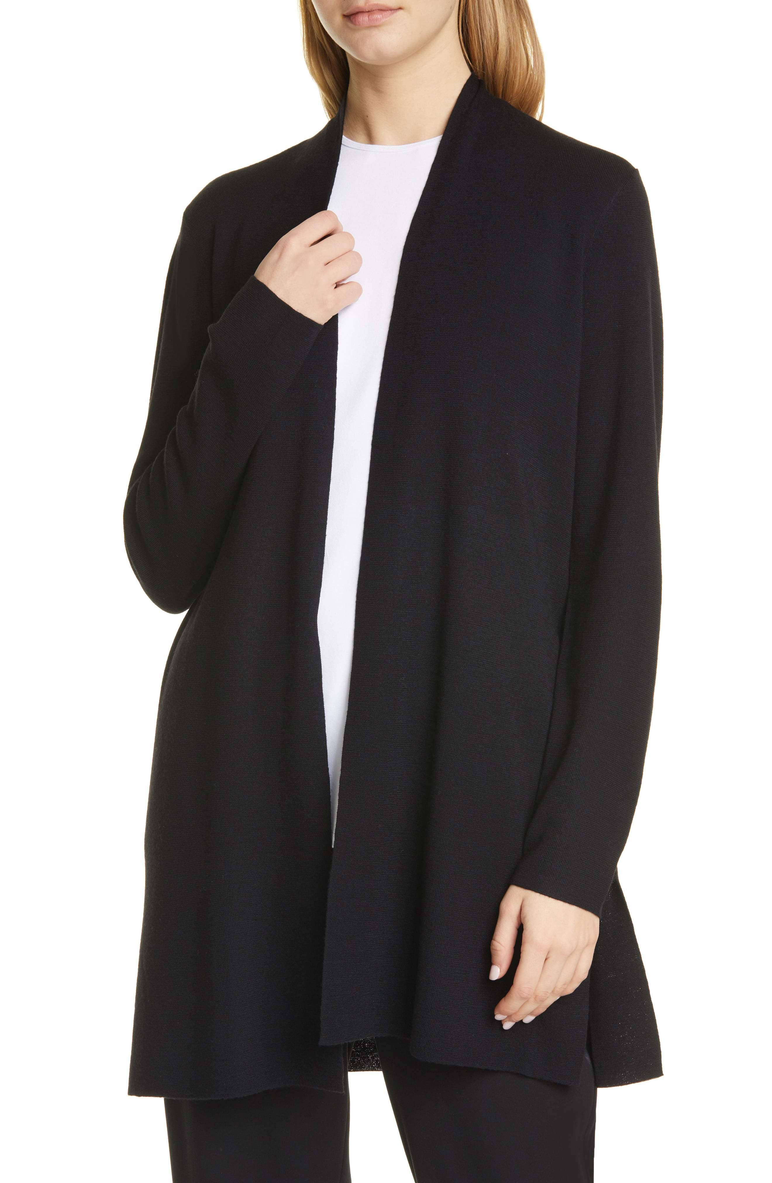 Eileen Fisher Merino Straight Long Cardigan - Black - Large